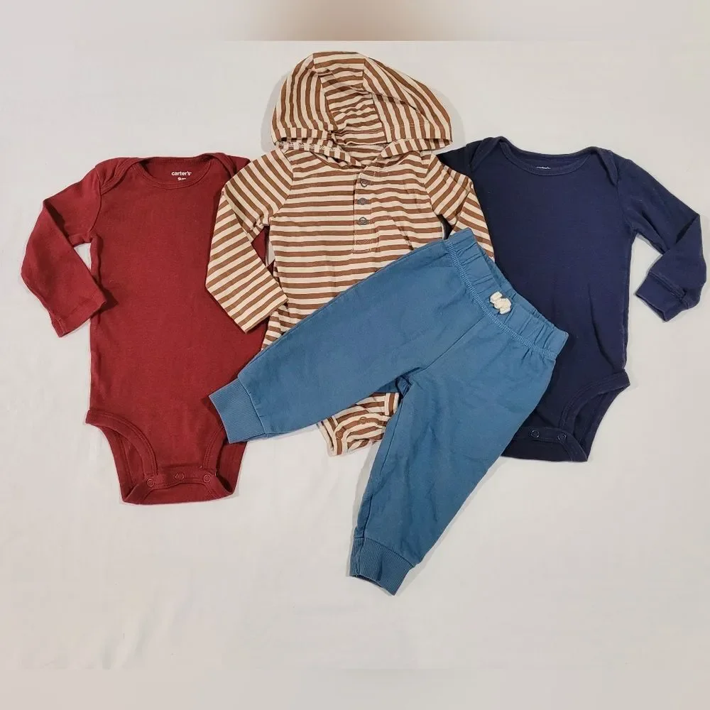 Carters Size 9 Months Red Blue Striped Longsleeve Tops And Pants Bundle